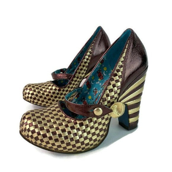 Medium Shoes - Irregular Choice Womens Gold Brown Check Mary Jane Robot Platform Block Heel 8 M